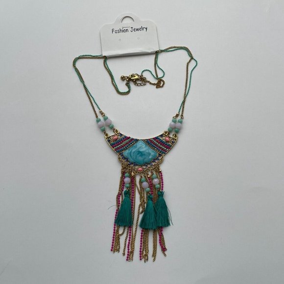 Women Necklace Statement Blue Turqouise/Gold Tone Fashion Jewrlry New - Picture 7 of 11